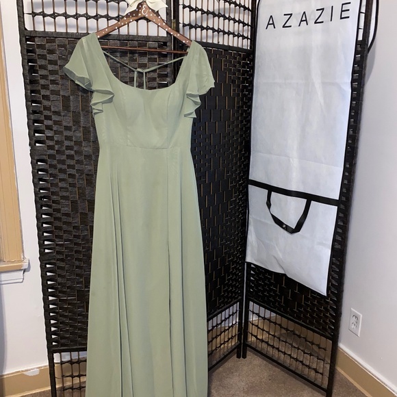 AZAZIE “Bondi” Pistachio A-Line Ruffled Chiffon Floor-Length Bridesmaid Dress - Picture 3 of 8